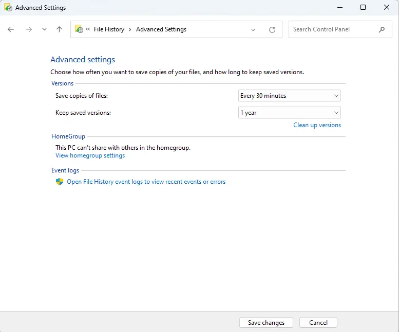 File history advanced settings