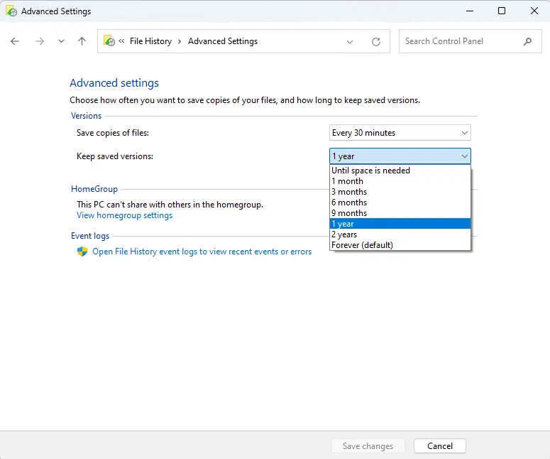 File history advanced settings