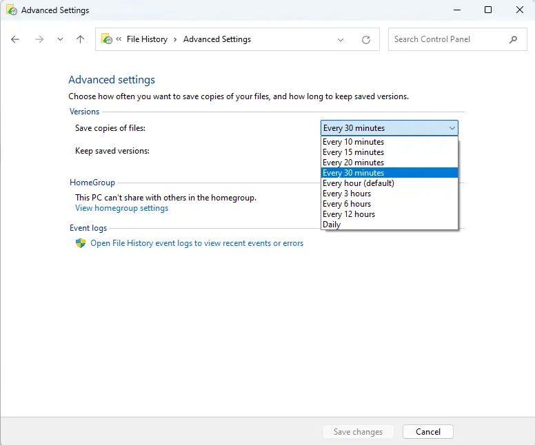 File history advanced settings