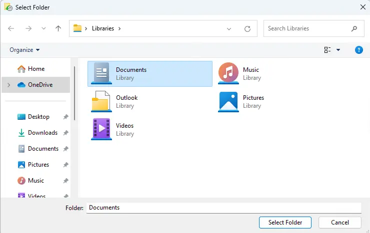 File history select folder