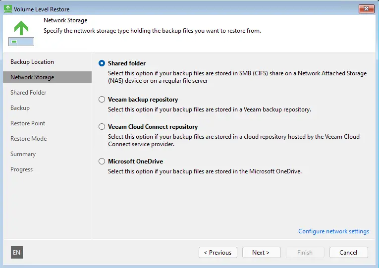 File level restore network storage