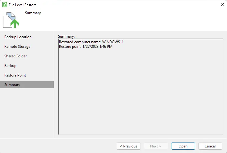 File level restore summary