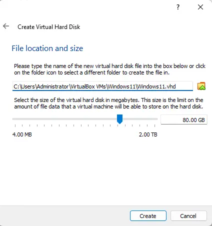 File location and size VirtualBox