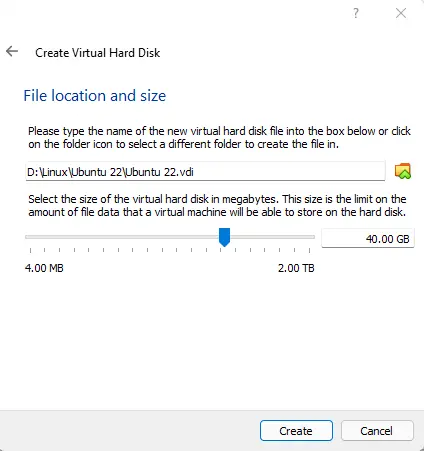 File location and size VirtualBox