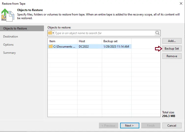 File restore from tape objects