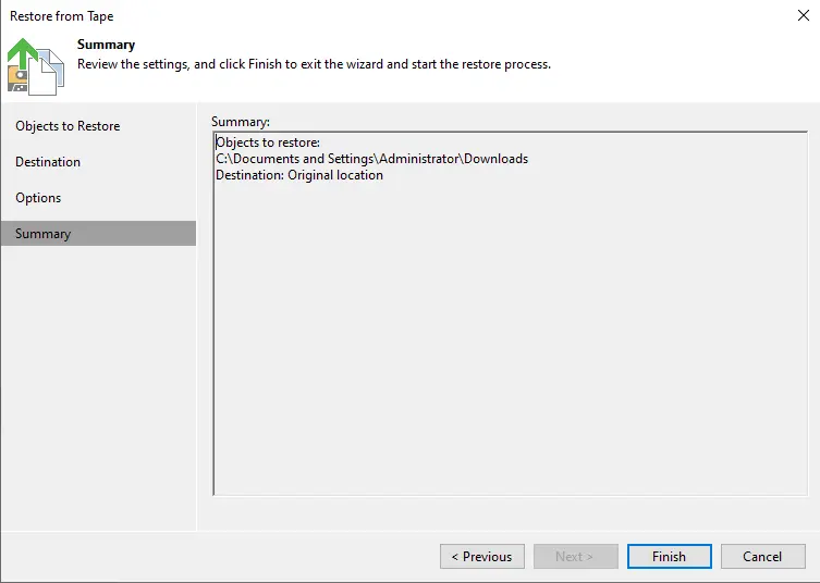 File restore from tape summary