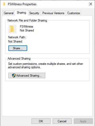 File share witness folder properties