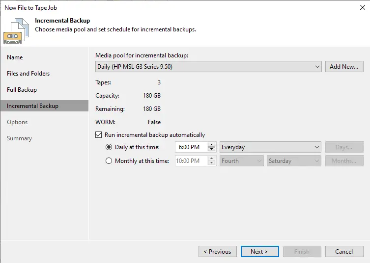 File to tape job incremental backup