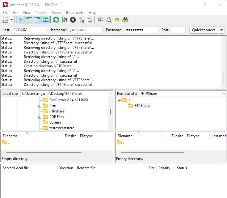 FileZilla FTP client connected