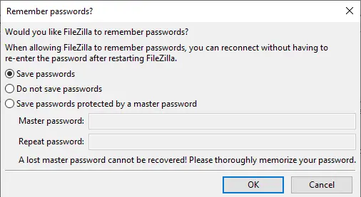 FileZilla FTP client save passwords