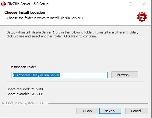 FileZilla Server choose install location