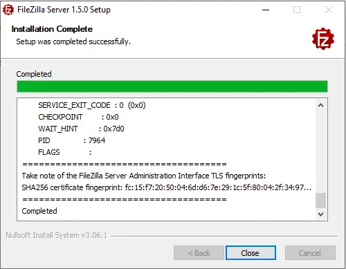 FileZilla Server installation complete