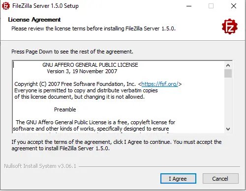 FileZilla Server license agreement