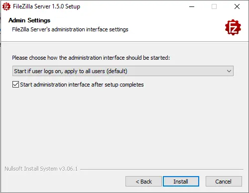 FileZilla Server setup Admin settings