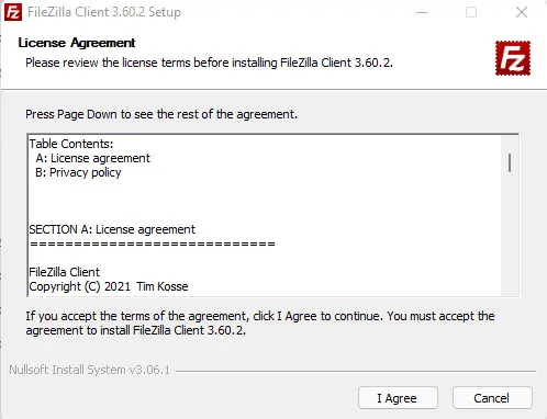 FileZilla client setup license agreement