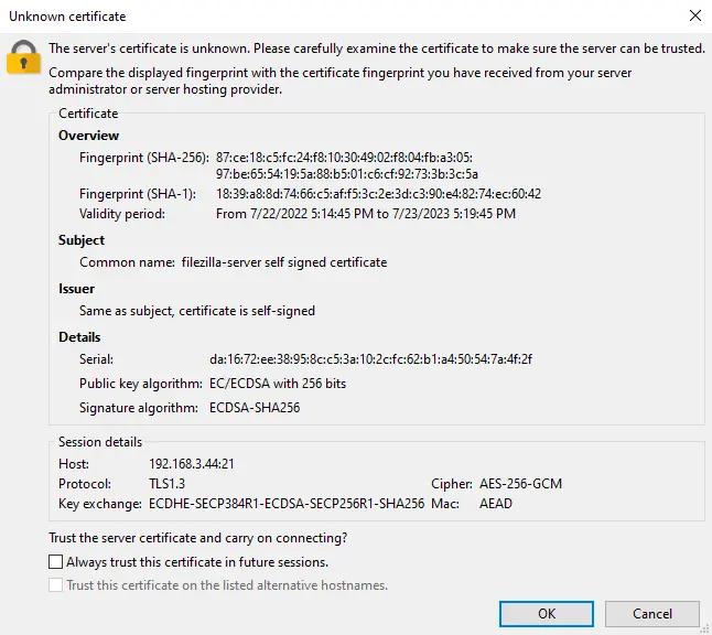 FileZilla client unknown certificate