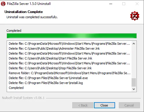 FileZilla server uninstallation complete