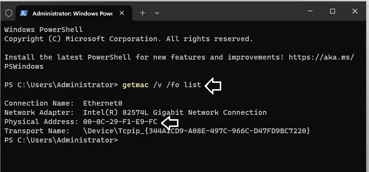 Find MAC address powershell