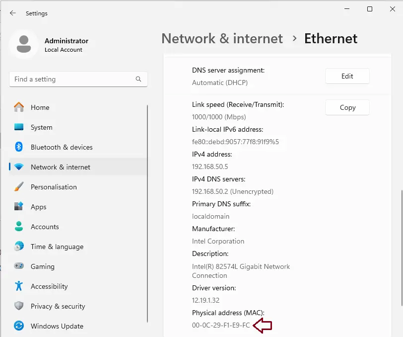 Find MAC address using settings