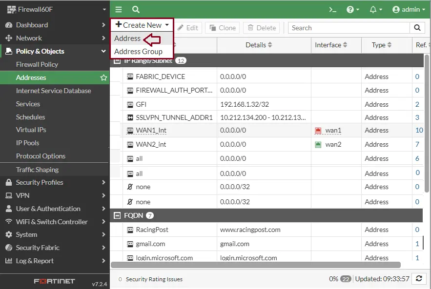 Firewall Fortigate addresses