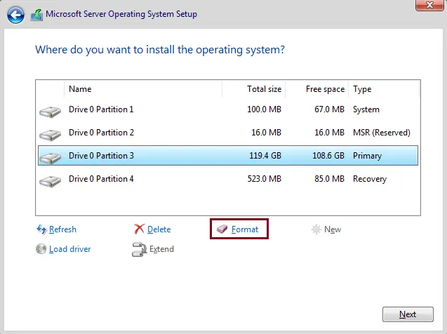 Format partition Server 2020