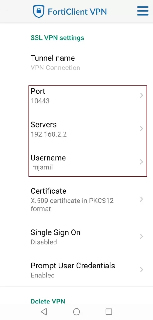 FortiClient SSL VPN settings
