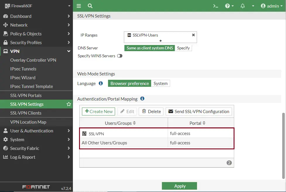 Fortigate firewall SSL VPN settings