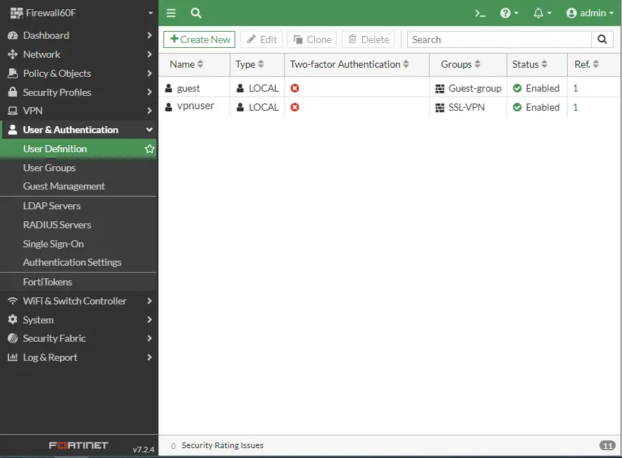 Fortigate firewall user definition