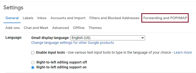 Forwarding and POP/IMAP tab