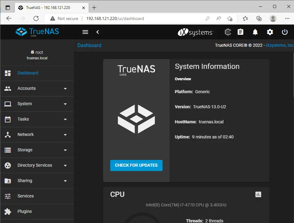 FreeNAS dashboard