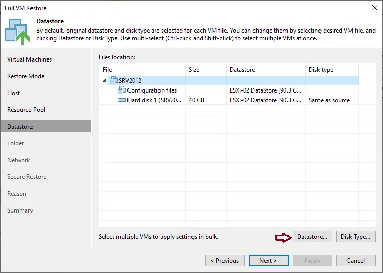 Full VM restore datastore