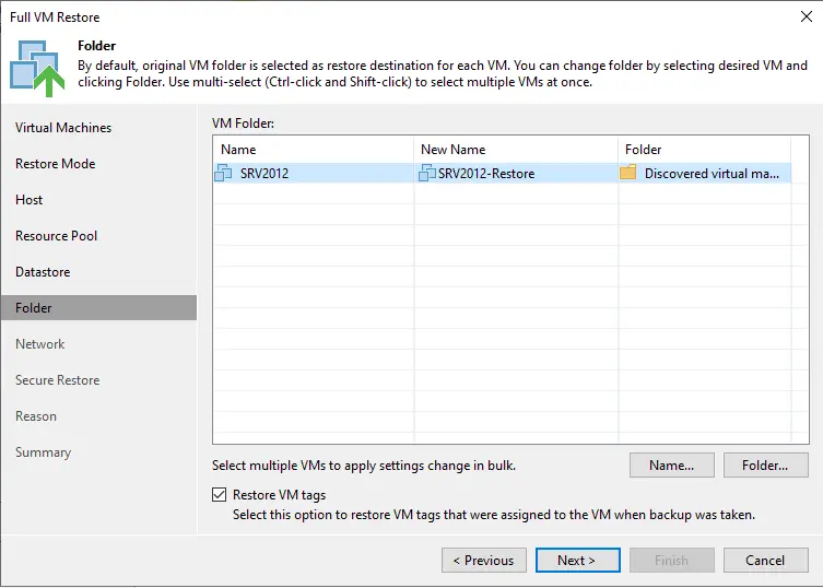 Full VM restore folder Veeam