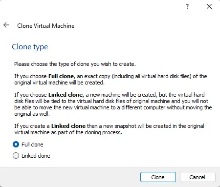 Full clone virtual machine virtualbox