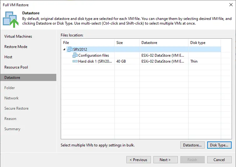 Full virtual machine restore Veeam