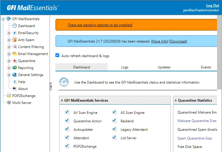 GFI MailEssentials dashboard