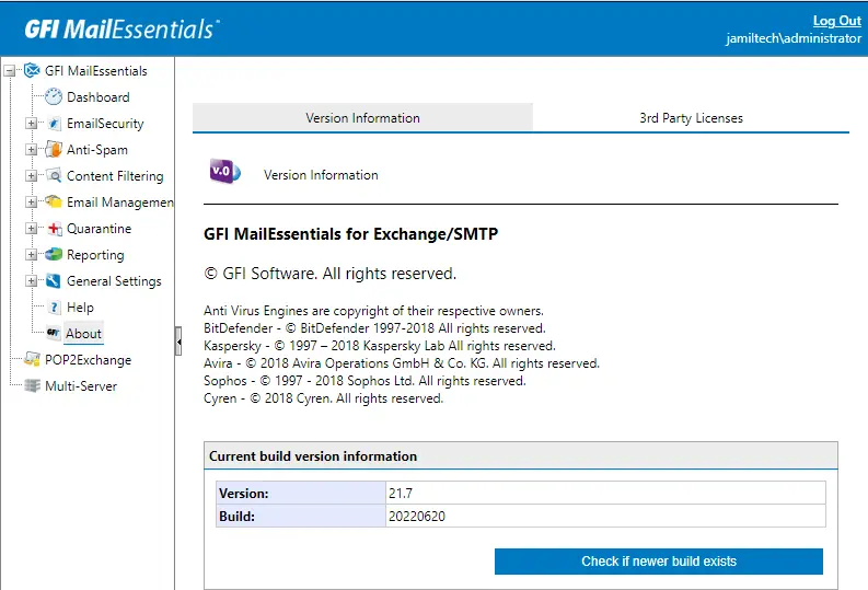 GFI MailEssentrials version information