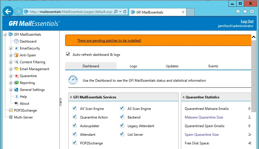 GFI Mailessentials dashboard