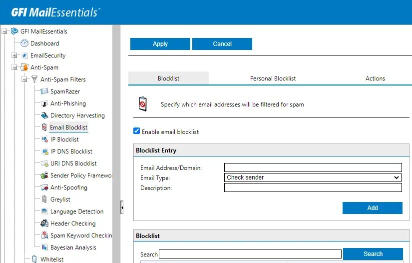 GFI Mailessentials email blocklist