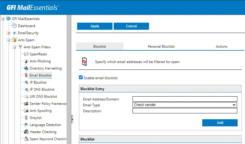 GFI Mailessentials email blocklist