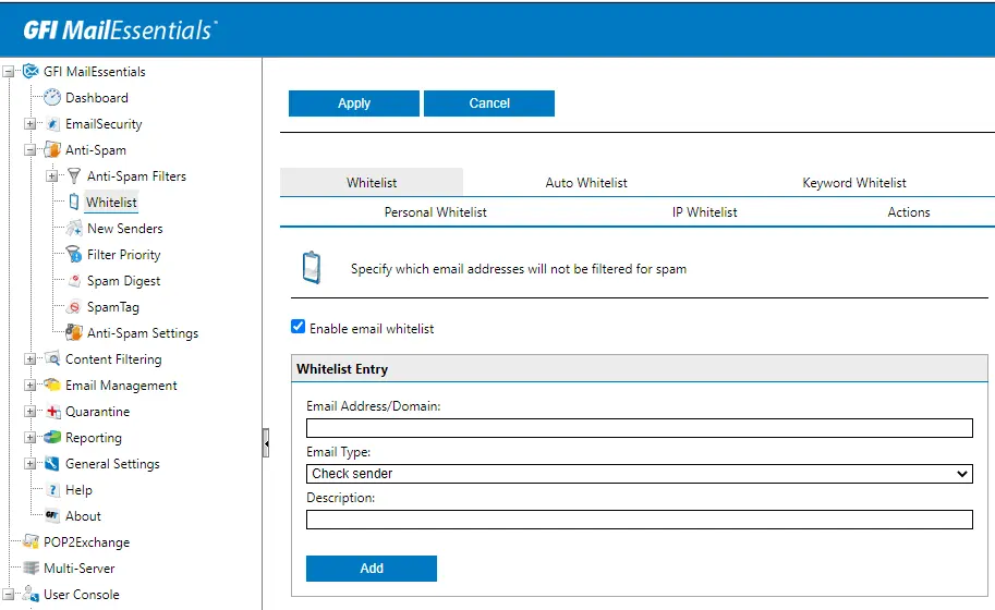 GFI Mailessentials whitelist tab