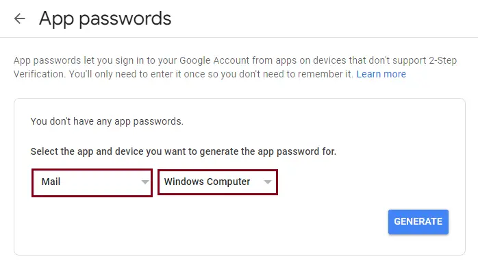 Generate app password Gmail