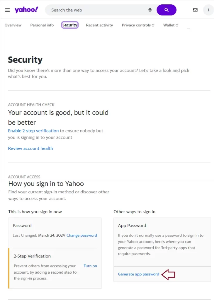 Generate app password in Yahoo