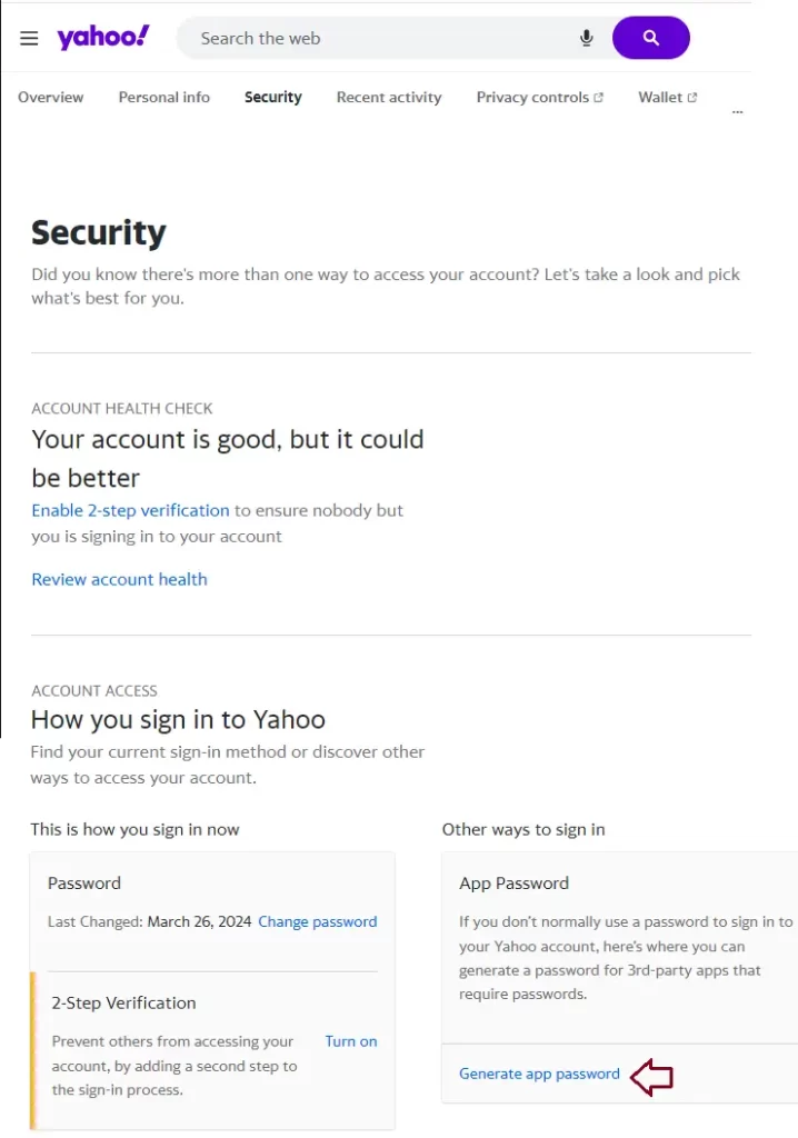 Generate app password in Yahoo account