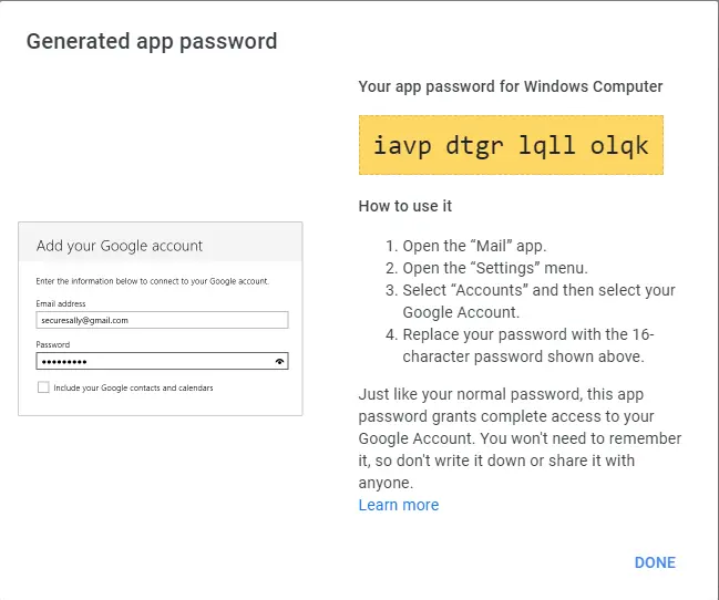 Generated app password Gmail
