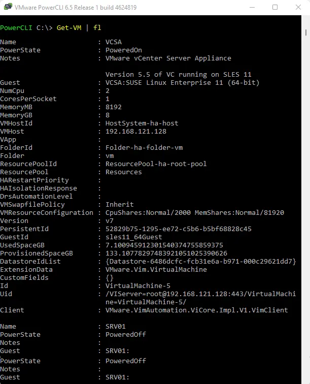 Get-VM | fl VMware PowerCLI