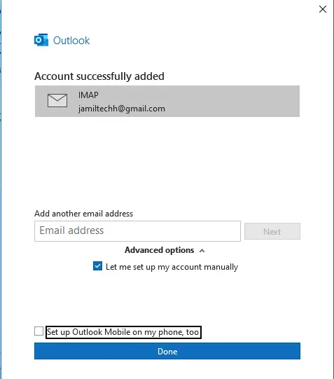 Gmail account successfully added to Outlook 365