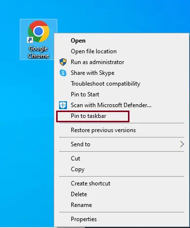 Google Chrome pin to taskbar