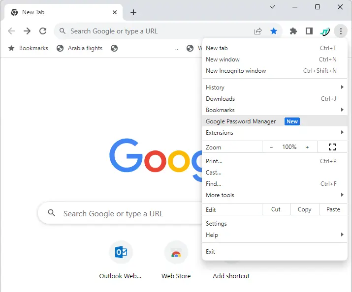 Google Chrome settings menu