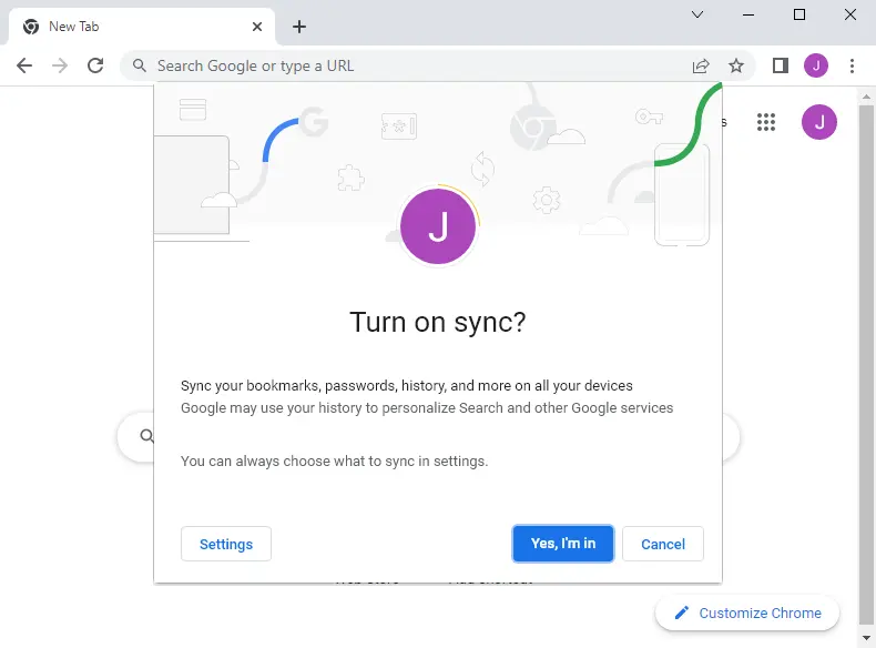 Google Chrome turn on sync