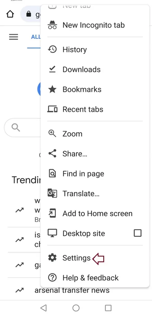 Google chrome menu